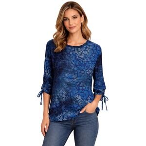 Westbound Womens Blue Mosaic Burnout Cinch Sleeve Top Size M Long Sleeve Blouse